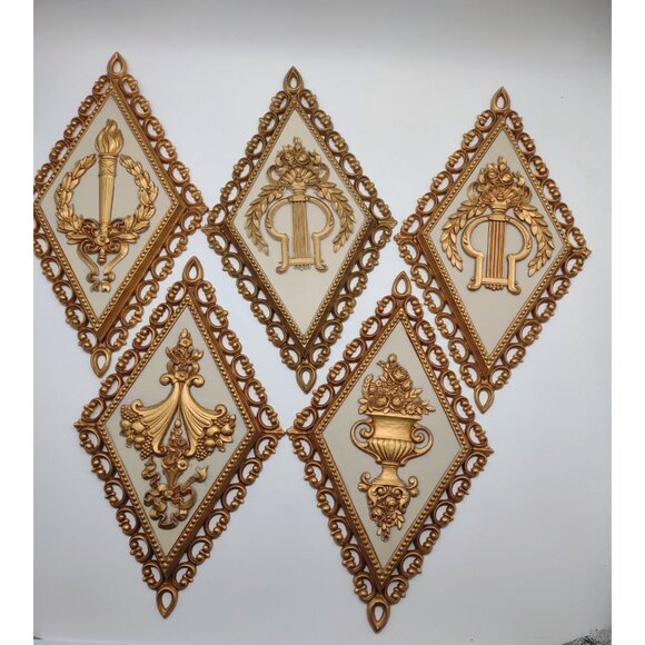 Vintage 1970s Homco Art Nouveau Greek Gold Tone Diamond Resin Wall Plaques - Picture 3 of 16